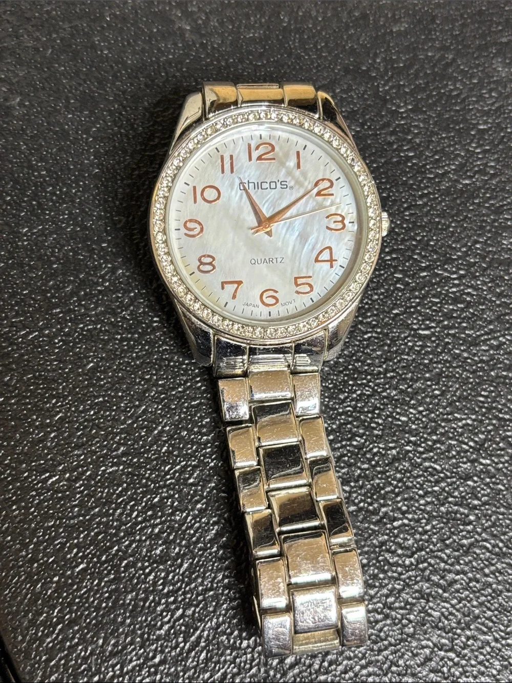 Chico’s Mother-of-Pearl Crystal Bezel Silver Watch Working Stainless Steel